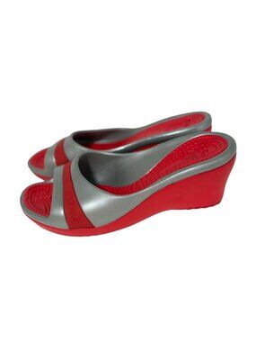 CROCS Womens Size 9 Red Silver Gray Wedge Slide Sandals Sassari Open Toe Shoes S